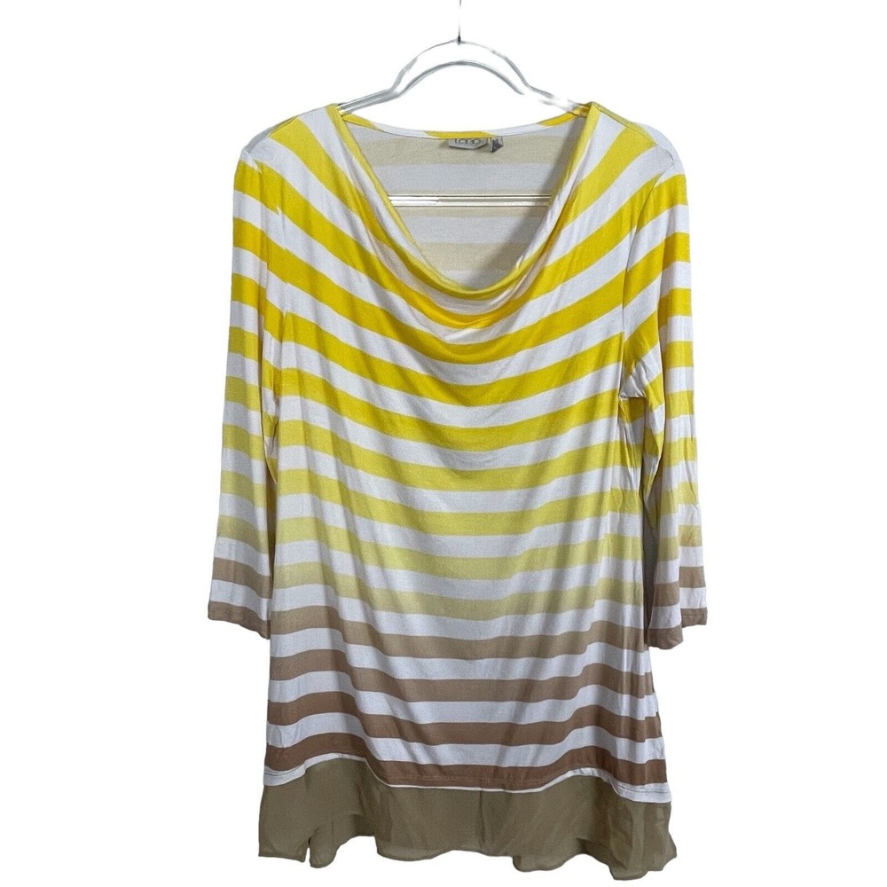 LOGO Lori Goldstein Tunic Top Womens M Yellow Striped Coastal Casual Layered